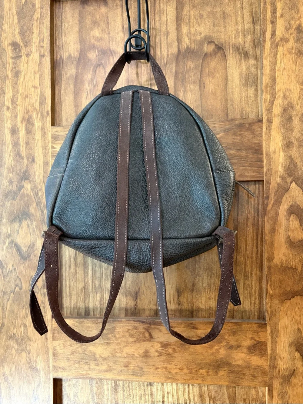 Compact Leather Backpack with Silver Zippers - Dark Brown